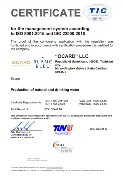 Certificate of conformity ISO "9001:2015" and "22000:2018"